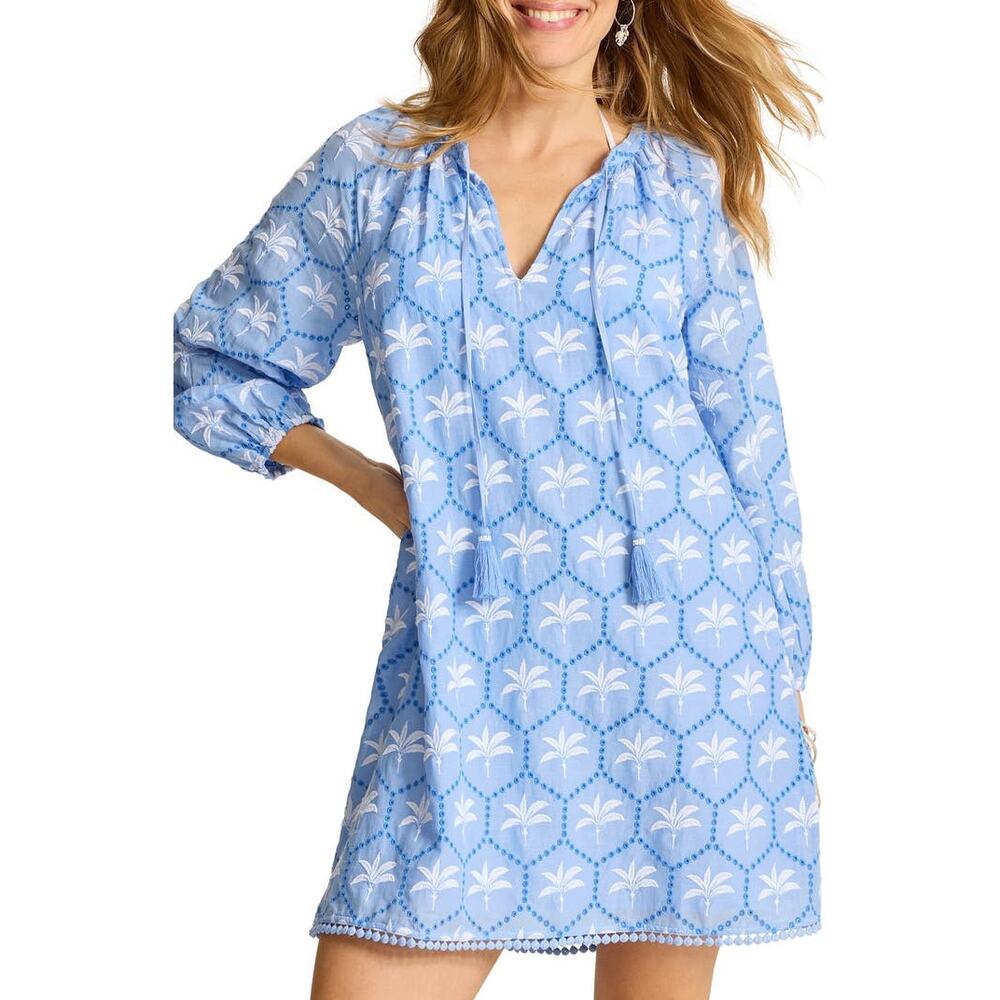 Tommy Bahama Catalina Coast Eyelet Long Sleeve Cover Up Dress Small Blue White